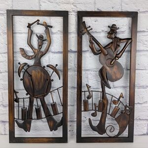 Pair Of Modern Art MCM Guitarist & Drummer Musicians Metal Wall Art 20" x 9"